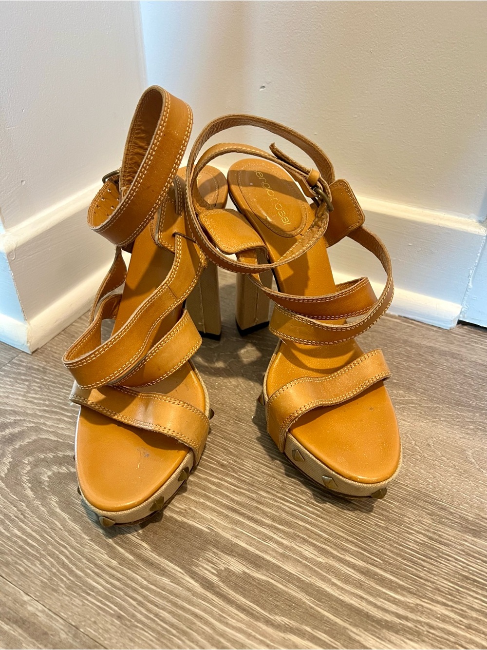 Vintage Sergio Rossi Strappy Leather Studded Platform Heels